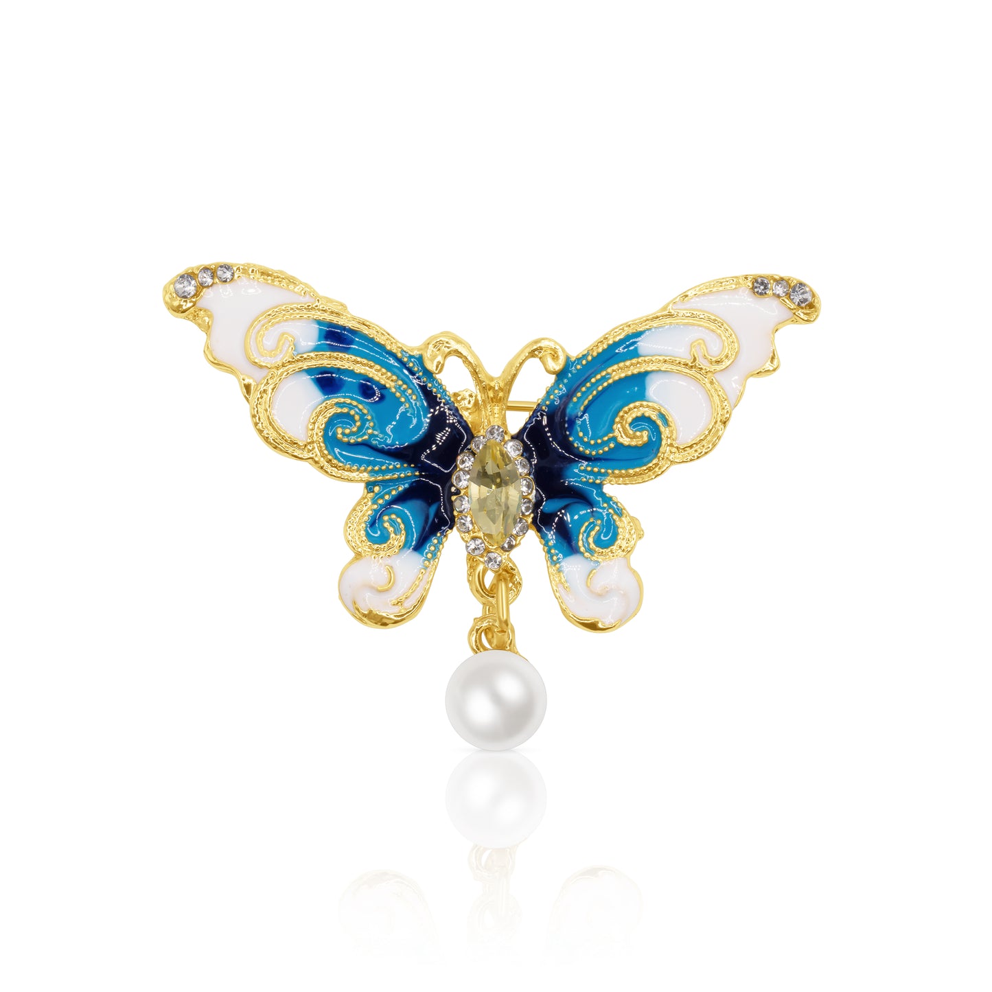 A stunning butterfly brooch featuring blue and white enamel wings adorned with sparkling crystal accents and a single faux pearl drop. Crafted with a gold-plated base, this elegant accessory exudes grace and sophistication, making it the perfect statement piece for both casual and formal wear.