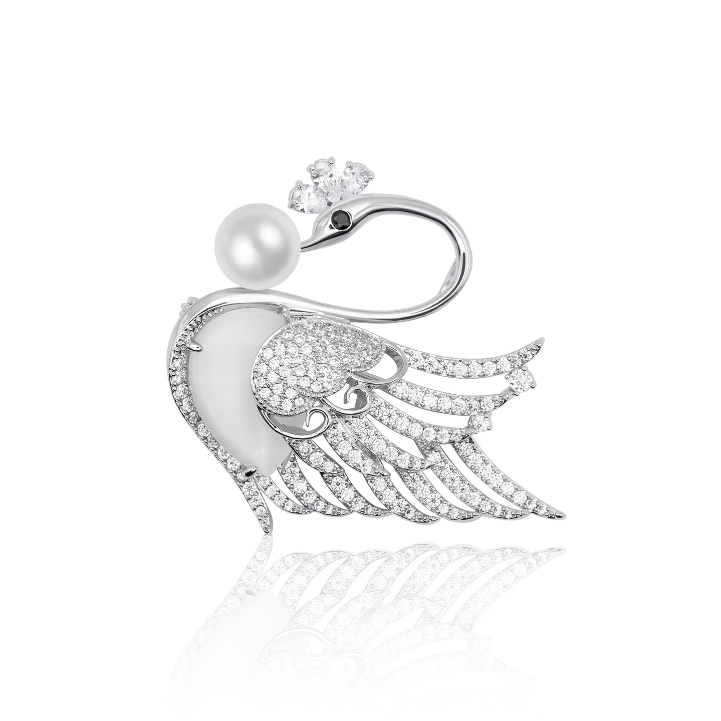 Silver-tone swan brooch adorned with sparkling crystals and a radiant pearl accent. A timeless and graceful accessory, perfect for adding a touch of sophistication to formal or casual wear.