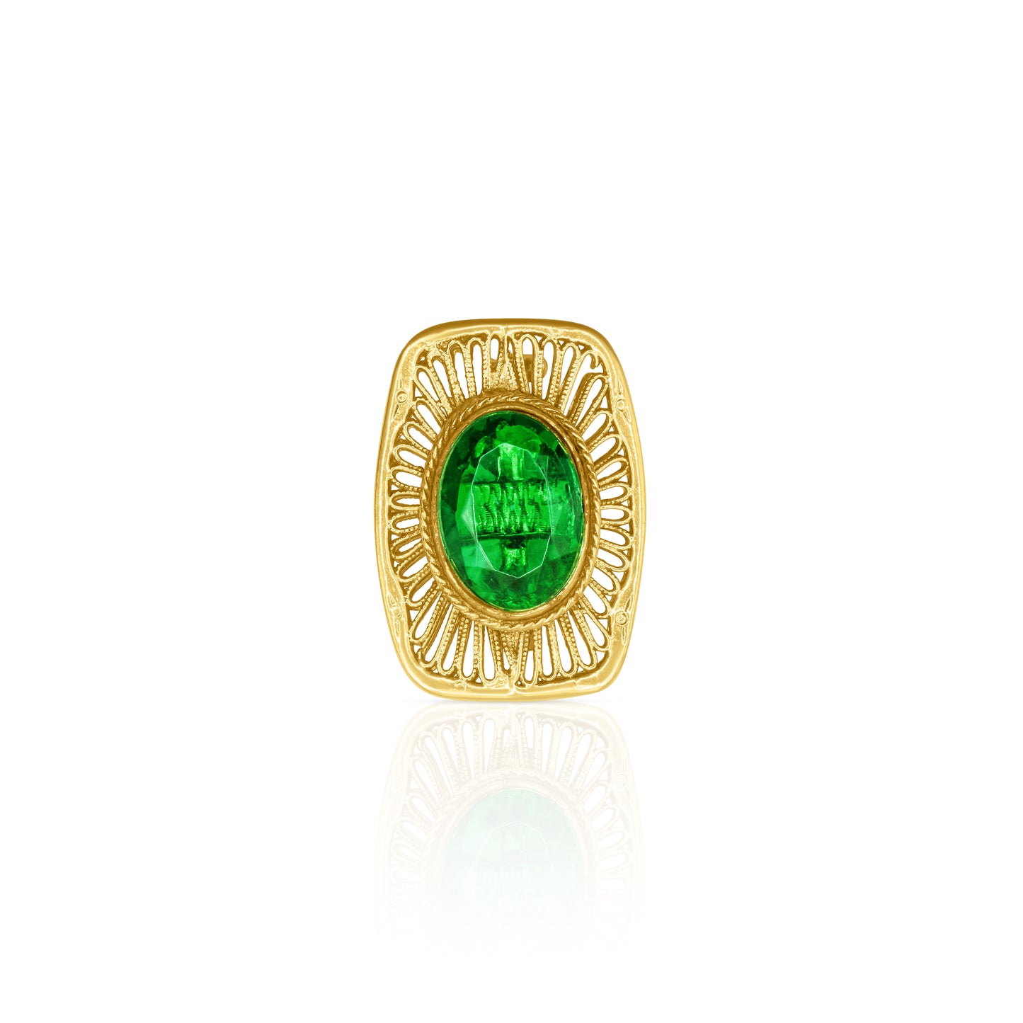 An exquisite filigree brooch featuring a prominent emerald green crystal centerpiece set in an ornate gold-tone base. The intricate design includes delicate filigree patterns surrounding the radiant gemstone, creating a timeless, vintage-inspired accessory perfect for any occasion.