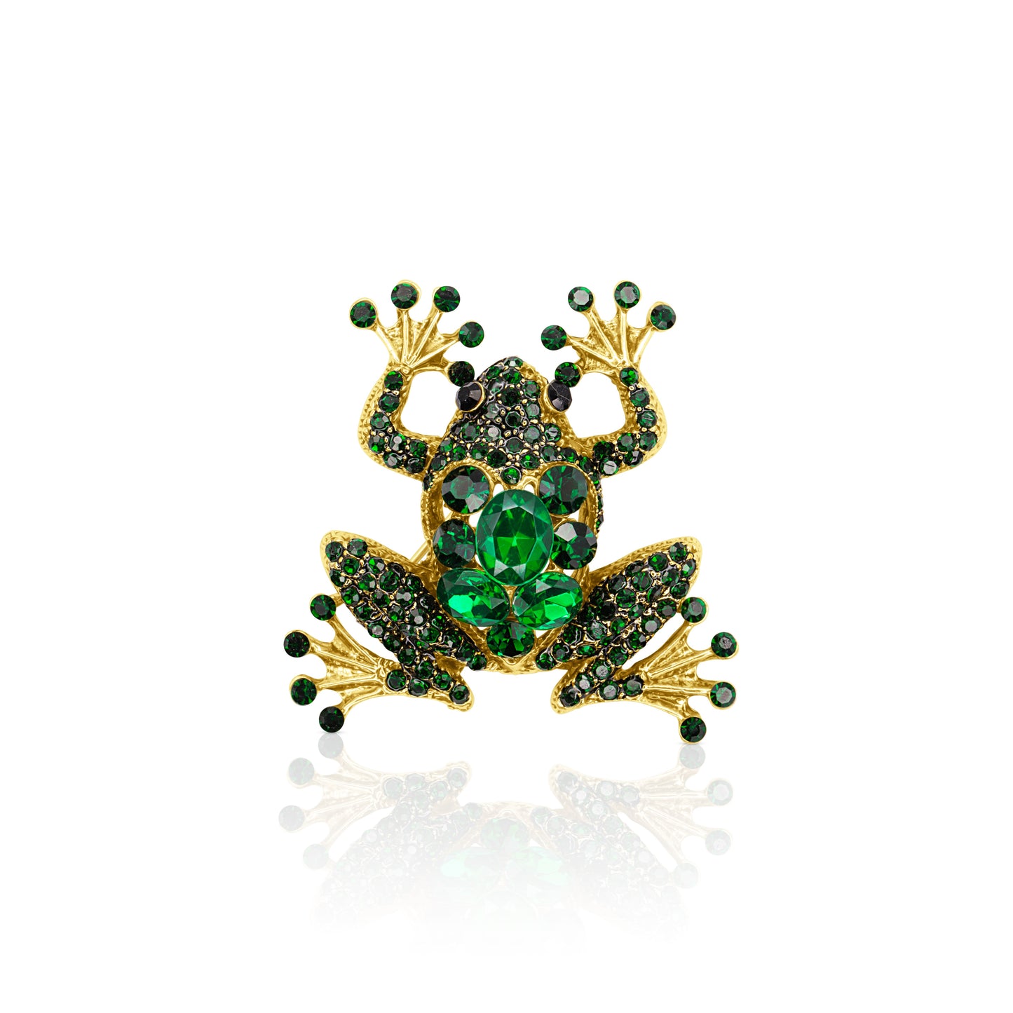 Gold-plated frog-shaped brooch adorned with sparkling green crystals, crafted with intricate details and a secure pin clasp, ideal for adding a playful touch to any outfit.