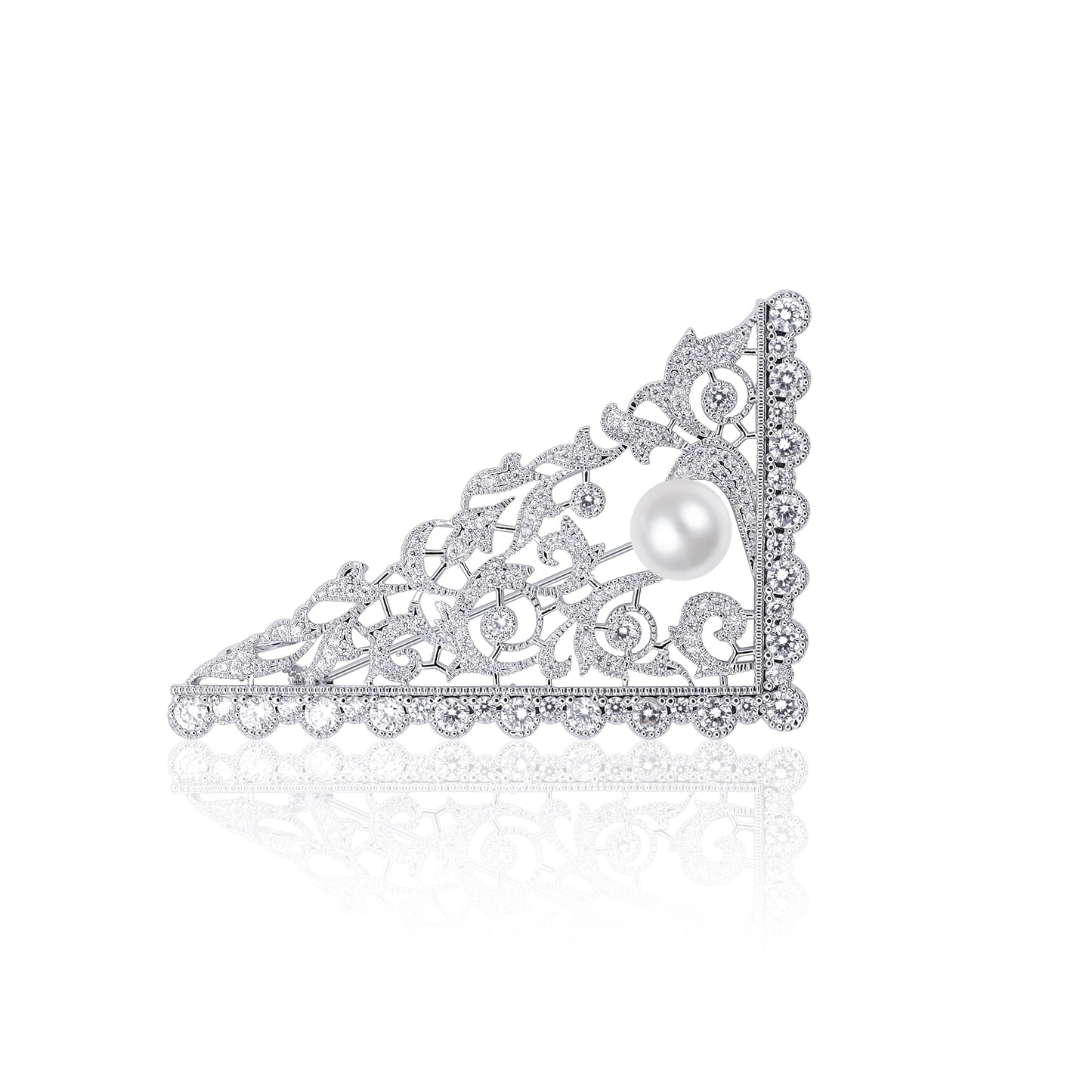 Majestic Pearl Filigree Triangle Brooch featuring a delicate triangle pattern, crafted from silver-tone alloy with an ornate filigree design and a luminous pearl. Ideal for adding a sophisticated touch to formal attire.