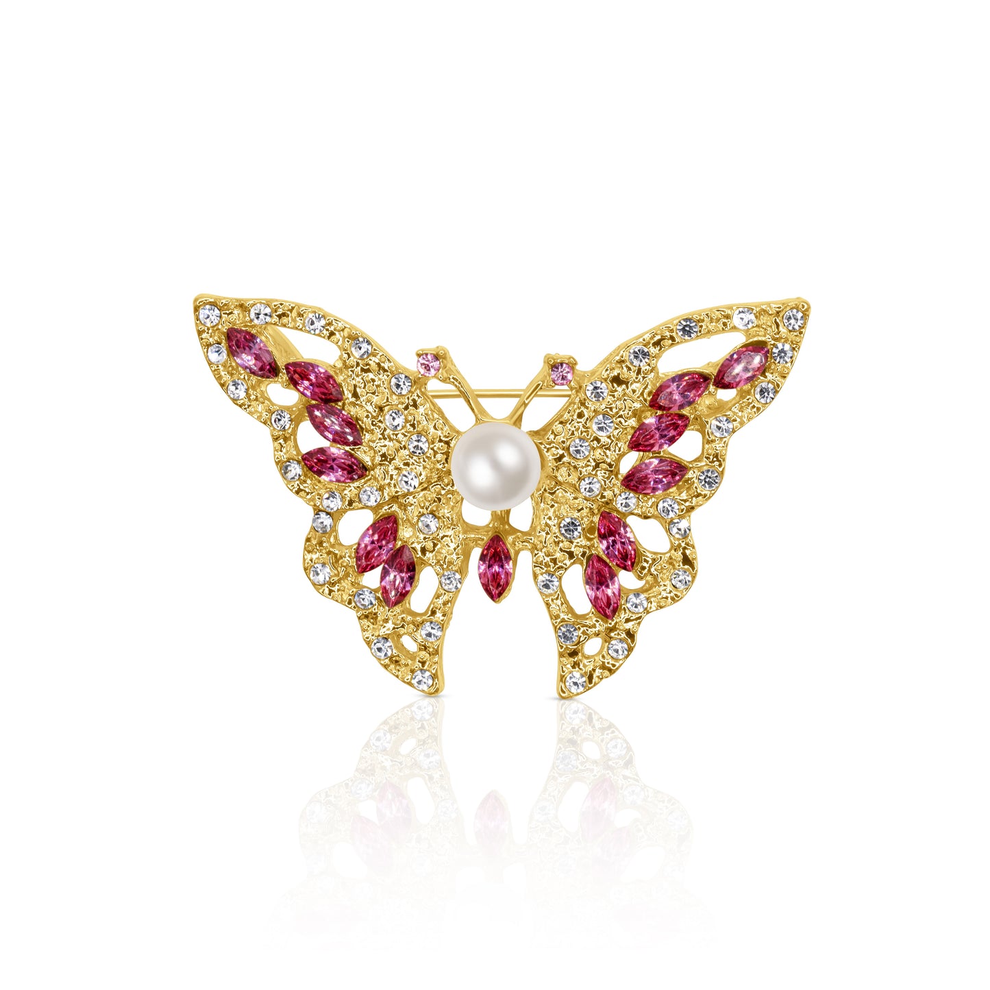 A stunning butterfly-shaped brooch with gold-tone detailing, featuring sparkling pink crystals and a central pearl, perfect for adding a whimsical touch to any outfit.
