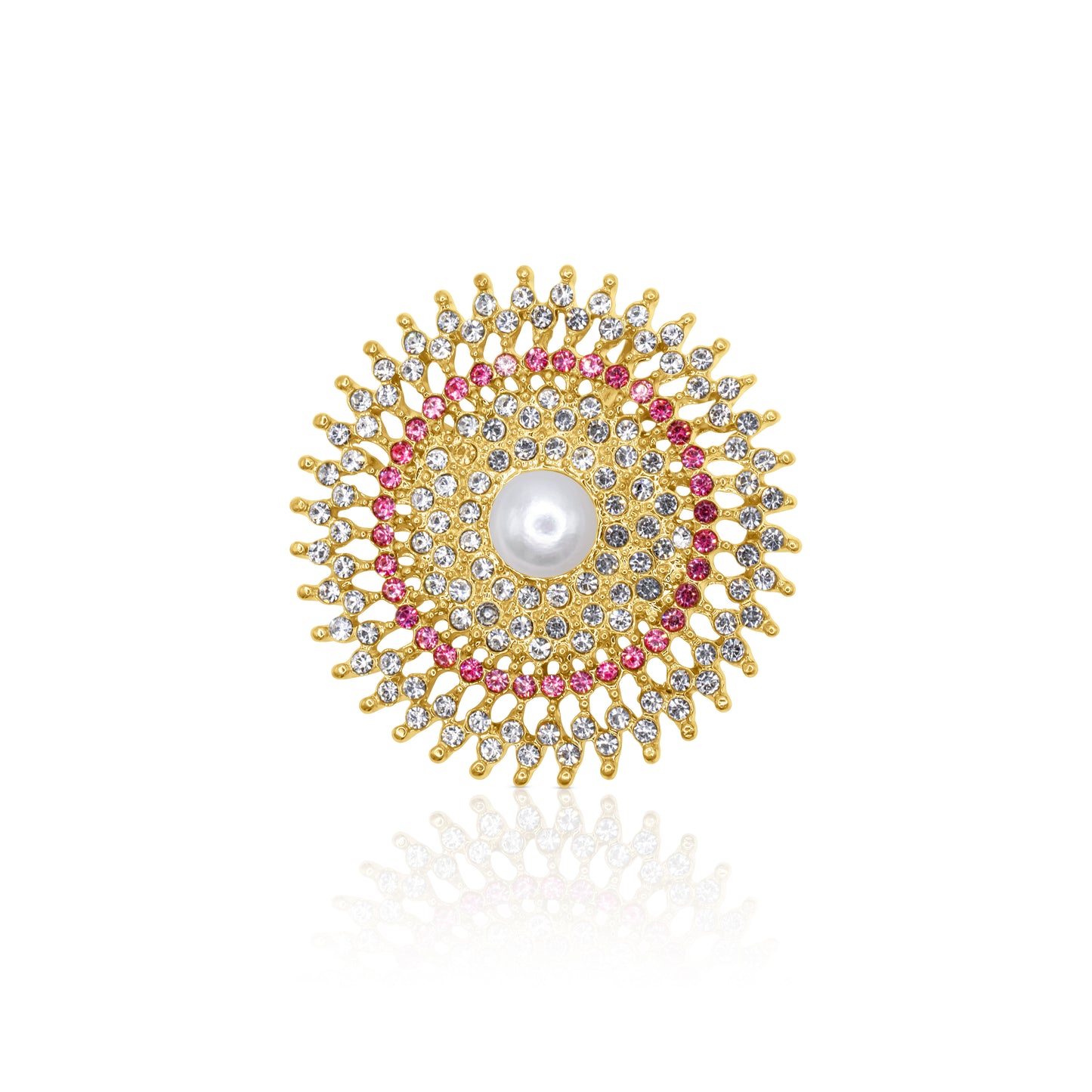 A circular rosette brooch adorned with sparkling pink and clear crystals, centered around a luminous pearl, ideal for formal and casual outfits.