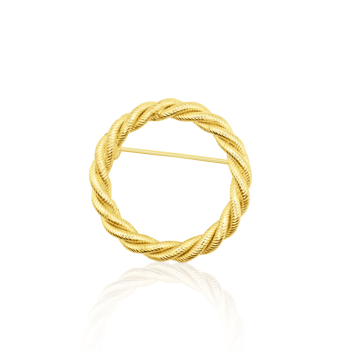 Gold-plated circular brooch with a twisted rope texture, offering a classic and timeless appeal, secured with a sturdy pin back.