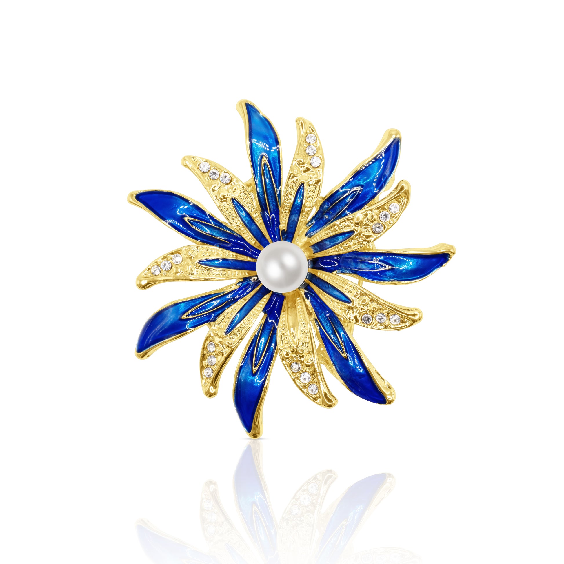 A stunning blue enamel flower brooch with sparkling crystal accents and a lustrous pearl centerpiece. The petal-like design radiates vibrant blue hues and intricate detailing, creating a captivating accessory perfect for adding a touch of elegance to any outfit. 
