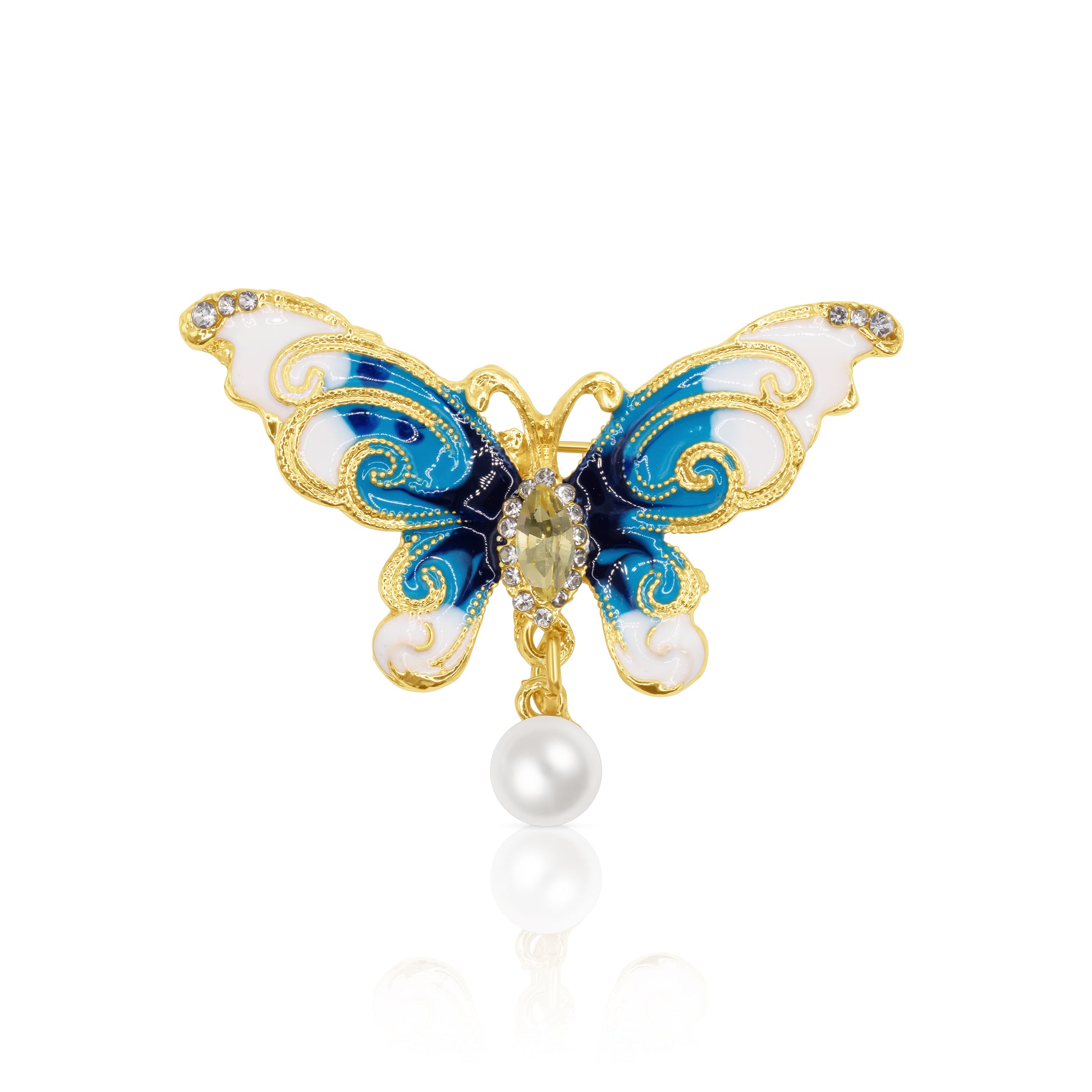 A stunning butterfly brooch featuring blue and white enamel wings adorned with sparkling crystal accents and a single faux pearl drop. Crafted with a gold-plated base, this elegant accessory exudes grace and sophistication, making it the perfect statement piece for both casual and formal wear.