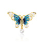 A stunning butterfly brooch featuring blue and white enamel wings adorned with sparkling crystal accents and a single faux pearl drop. Crafted with a gold-plated base, this elegant accessory exudes grace and sophistication, making it the perfect statement piece for both casual and formal wear.