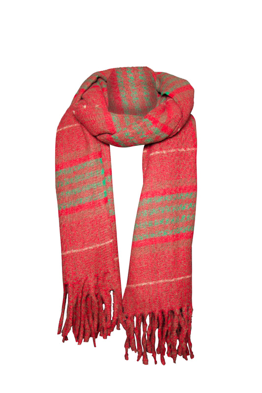 Red plaid scarf with green accents on a white background