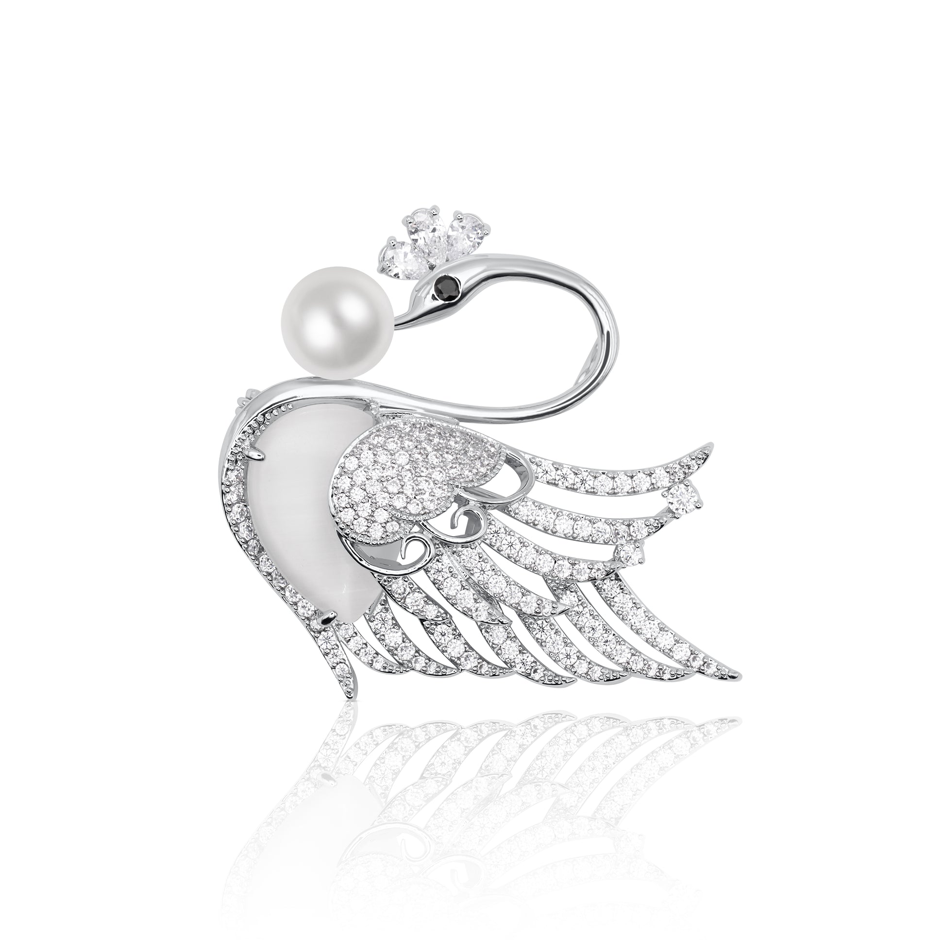 Silver-tone swan brooch adorned with sparkling crystals and a radiant pearl accent. A timeless and graceful accessory, perfect for adding a touch of sophistication to formal or casual wear.