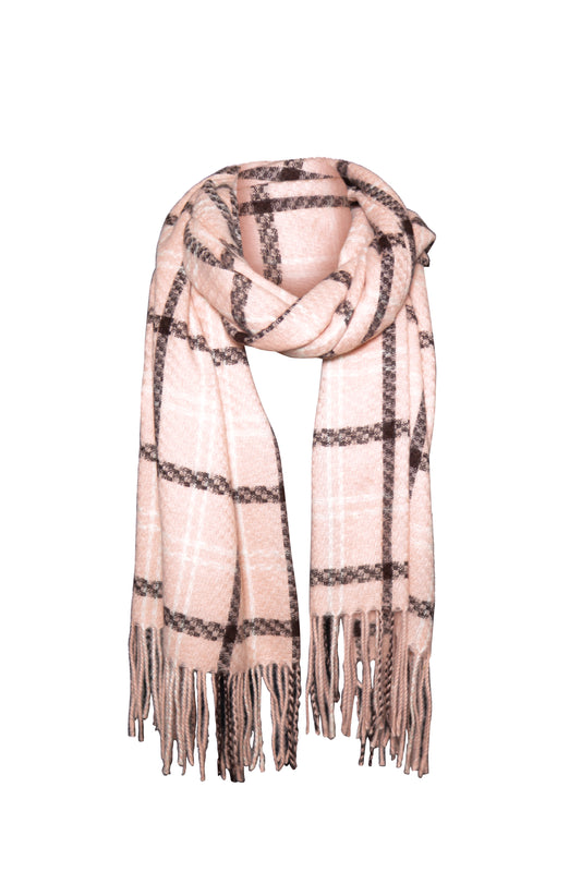 Pink plaid scarf with fringe on a white background