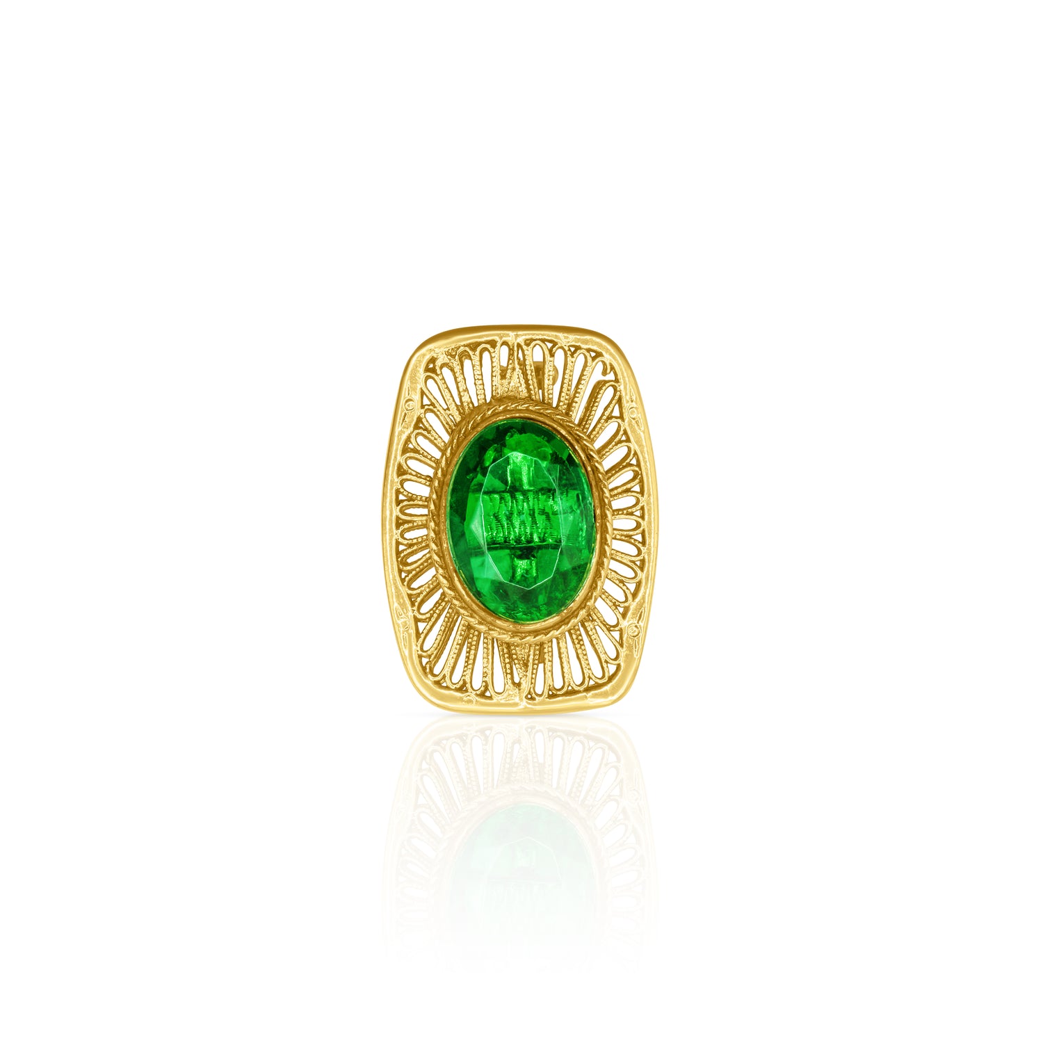 An exquisite filigree brooch featuring a prominent emerald green crystal centerpiece set in an ornate gold-tone base. The intricate design includes delicate filigree patterns surrounding the radiant gemstone, creating a timeless, vintage-inspired accessory perfect for any occasion.