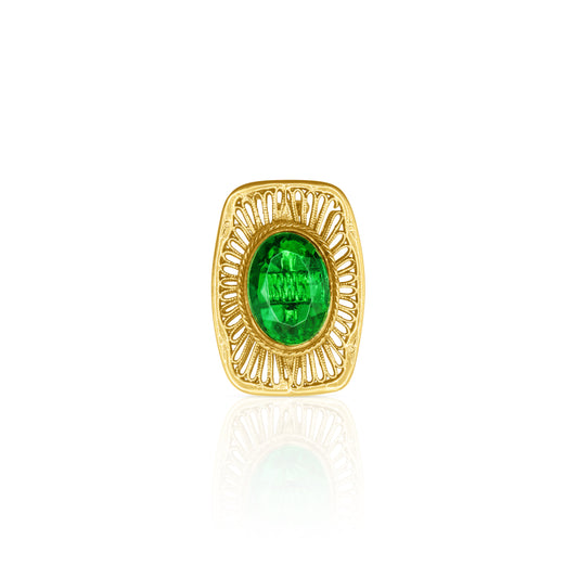 An exquisite filigree brooch featuring a prominent emerald green crystal centerpiece set in an ornate gold-tone base. The intricate design includes delicate filigree patterns surrounding the radiant gemstone, creating a timeless, vintage-inspired accessory perfect for any occasion.