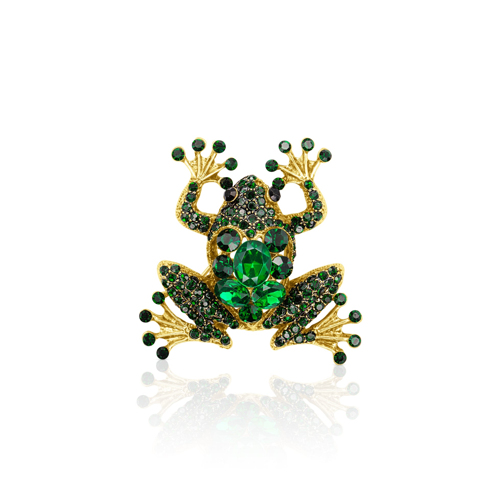 Gold-plated frog-shaped brooch adorned with sparkling green crystals, crafted with intricate details and a secure pin clasp, ideal for adding a playful touch to any outfit.