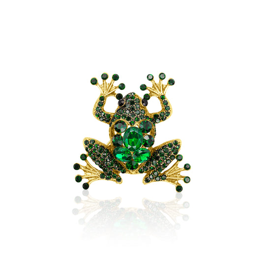 Gold-plated frog-shaped brooch adorned with sparkling green crystals, crafted with intricate details and a secure pin clasp, ideal for adding a playful touch to any outfit.