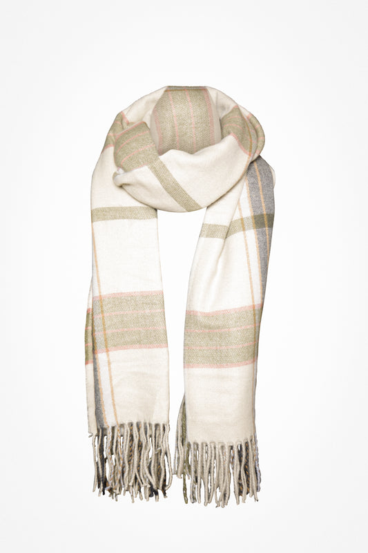 Plaid scarf with fringes on a white background