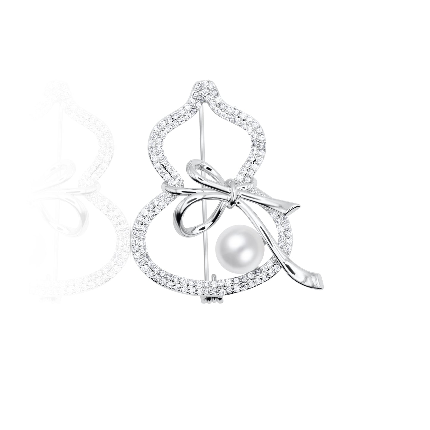 Frosted Ribbon Brooch with silver-tone loops encrusted with crystals, tied into a soft bow shape. A single white pearl rests elegantly in the design. Photographed against a white backdrop, it shines with delicate glamour — ideal for adding soft sparkle to wedding attire, formal coats, or bridal accessories