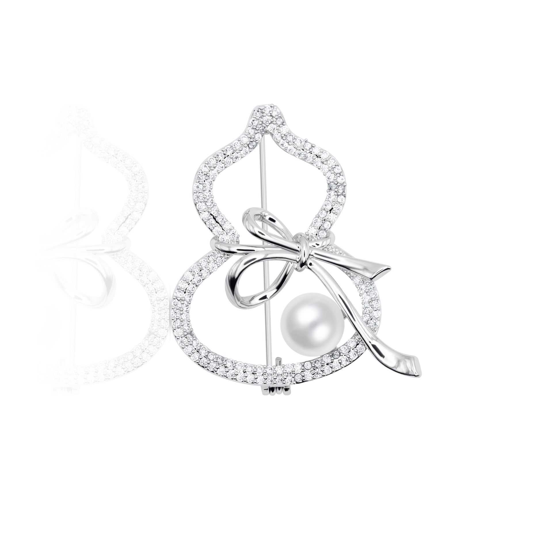 Frosted Ribbon Brooch with silver-tone loops encrusted with crystals, tied into a soft bow shape. A single white pearl rests elegantly in the design. Photographed against a white backdrop, it shines with delicate glamour — ideal for adding soft sparkle to wedding attire, formal coats, or bridal accessories