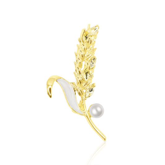A beautifully crafted gold-tone wheat stalk brooch adorned with a single faux pearl accent. This nature-inspired piece symbolizes abundance and prosperity, making it a charming addition to any outfit. Its delicate design and polished finish exude timeless elegance, while the secure pin backing ensures comfortable wear.