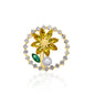 A golden sunflower-shaped brooch adorned with yellow crystals and a pearl accent, featuring a green crystal leaf, perfect for adding warmth to any attire.