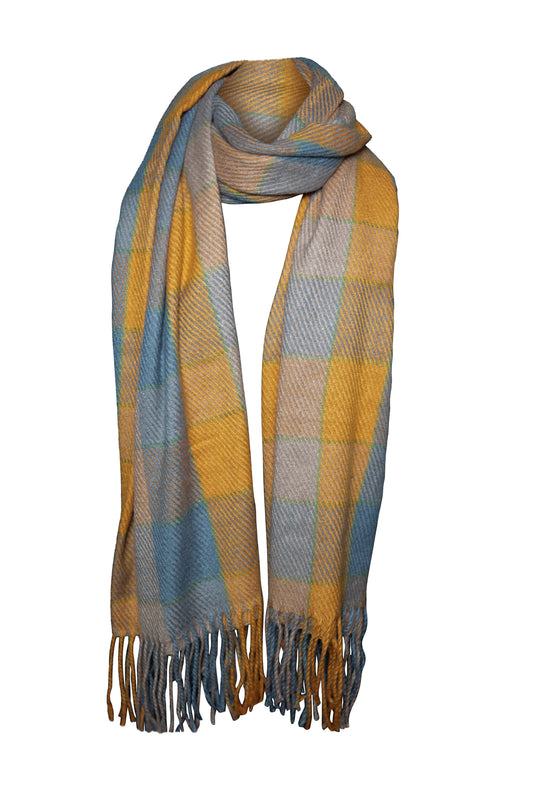 Plaid scarf with yellow and blue pattern on a white background