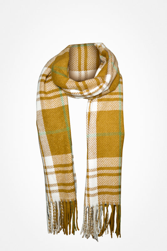 Plaid scarf with fringes on a white background