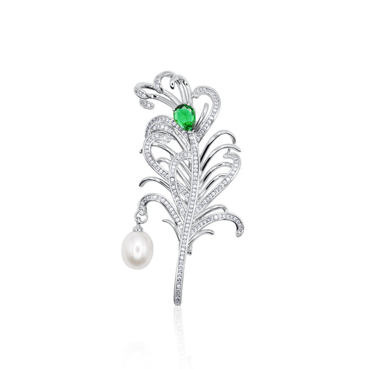 Emerald Feather & Pearl Brooch