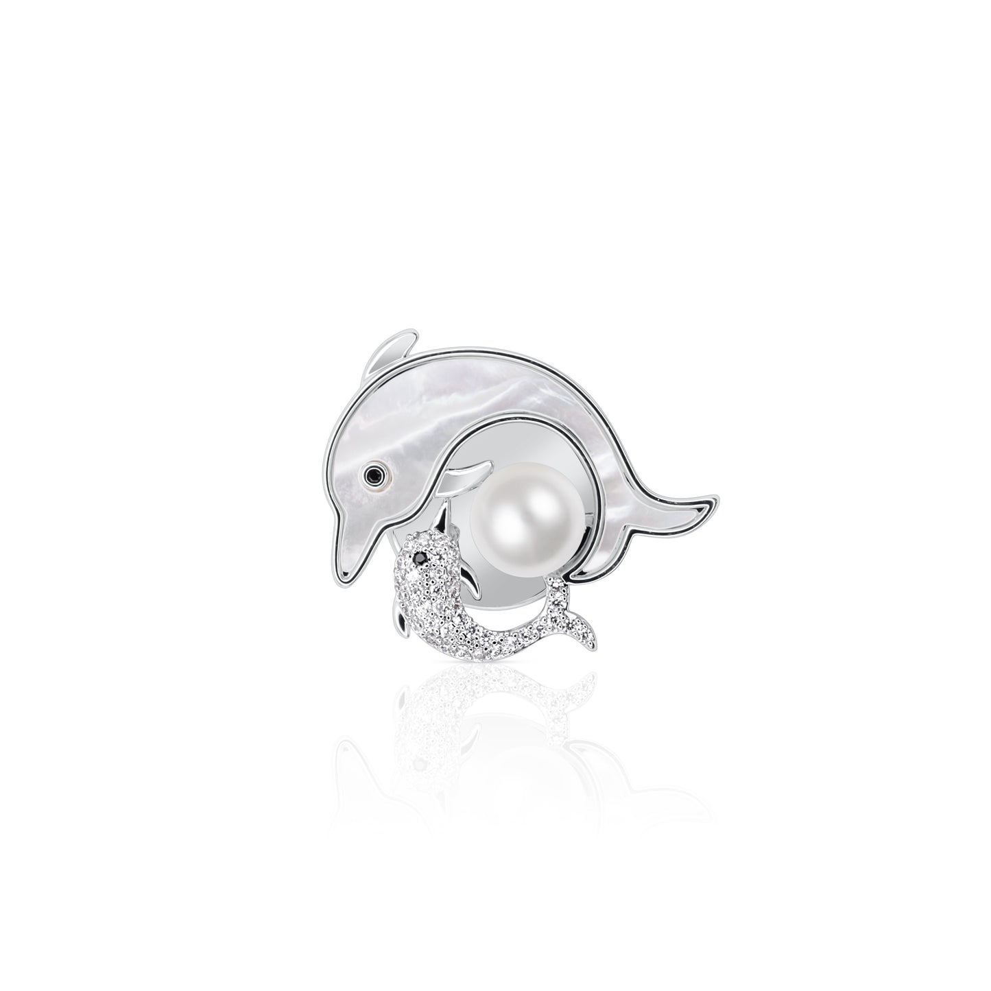 Ocean Harmony Dolphin Pearl Brooch featuring a dolphin with mother-of-pearl accents and a sparkling crystal design. An elegant piece inspired by the beauty of the ocean, perfect for adding a touch of aquatic charm.