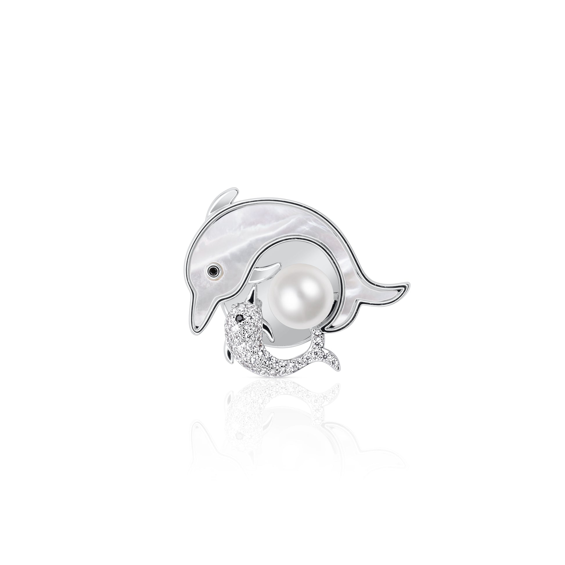 Ocean Harmony Dolphin Pearl Brooch featuring a dolphin with mother-of-pearl accents and a sparkling crystal design. An elegant piece inspired by the beauty of the ocean, perfect for adding a touch of aquatic charm.