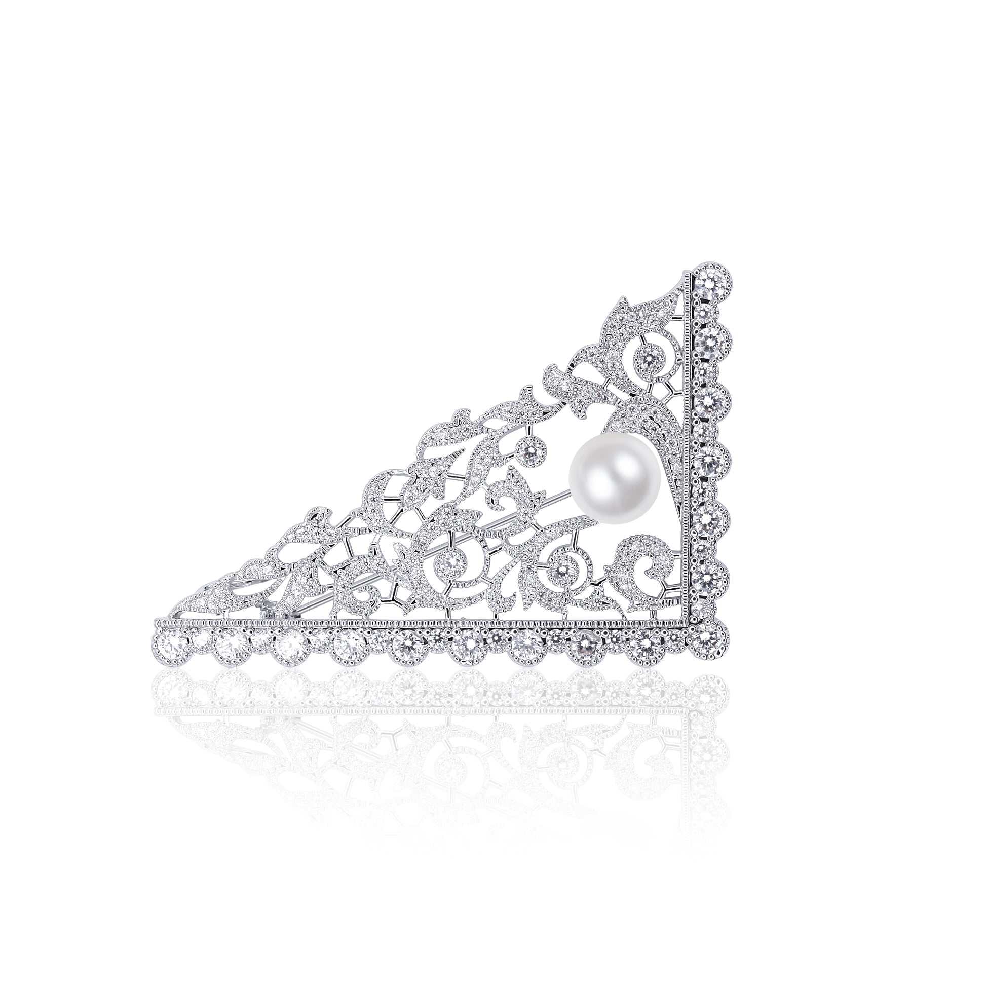 Majestic Pearl Filigree Triangle Brooch featuring a delicate triangle pattern, crafted from silver-tone alloy with an ornate filigree design and a luminous pearl. Ideal for adding a sophisticated touch to formal attire.