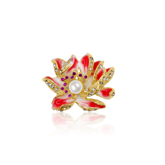 Radiant Lotus Flower Brooch in gold-tone alloy with bold red enamel petals, accented by sparkling crystals and a central pearl. A striking accessory for bold, confident looks.