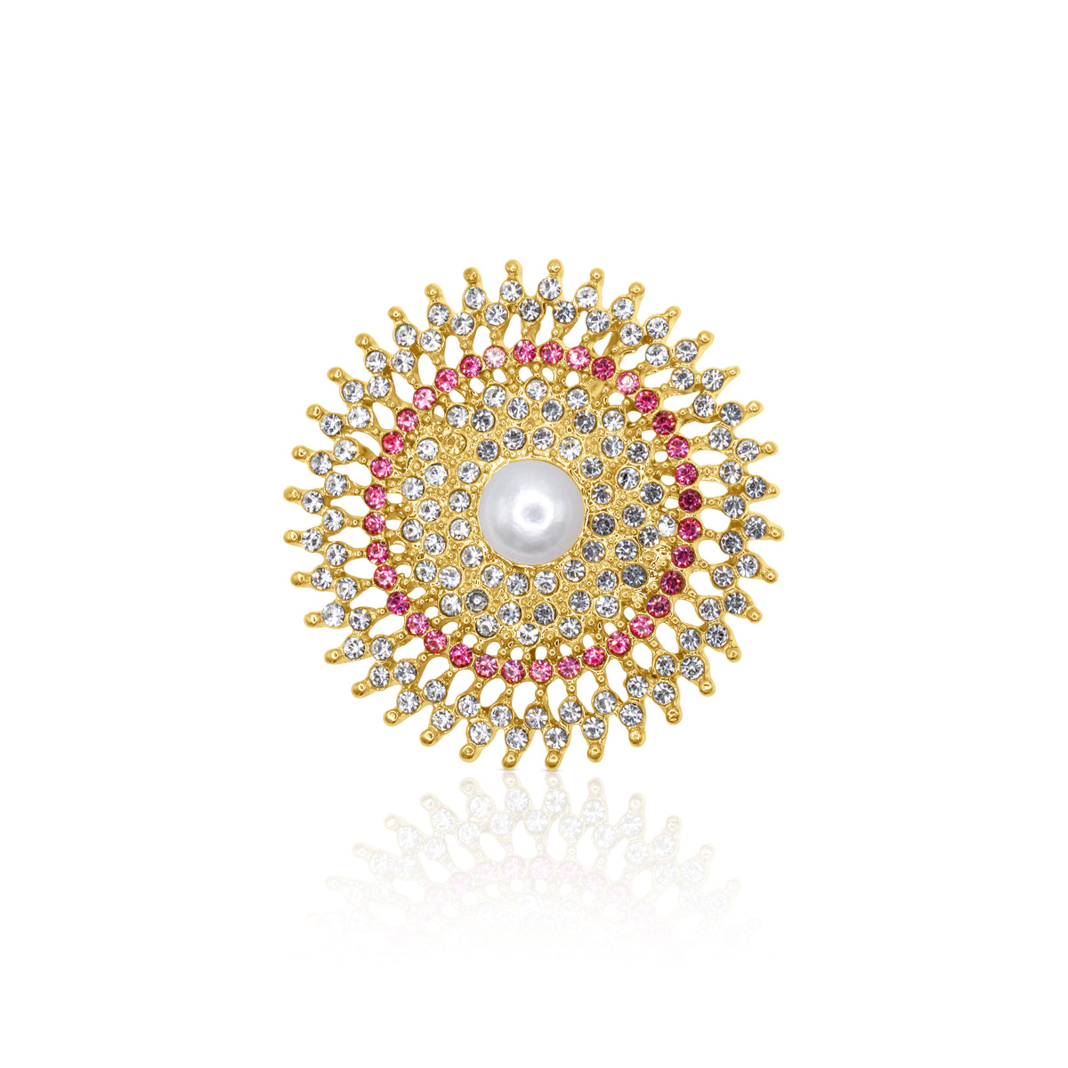 A circular rosette brooch adorned with sparkling pink and clear crystals, centered around a luminous pearl, ideal for formal and casual outfits.