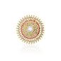 A circular rosette brooch adorned with sparkling pink and clear crystals, centered around a luminous pearl, ideal for formal and casual outfits.