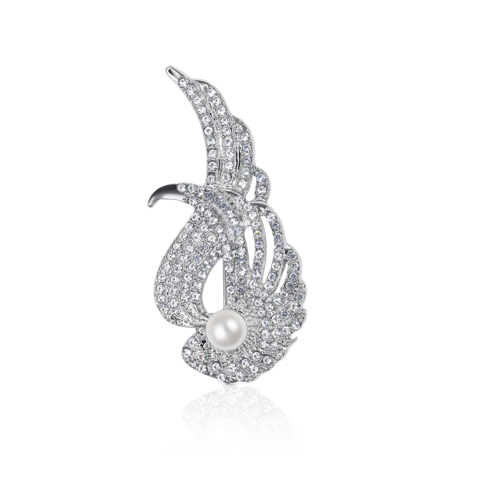 A sparkling silver-tone swan brooch adorned with shimmering crystals and a radiant faux pearl accent. The detailed design and secure pin closure make it an elegant accessory for any formal occasion.