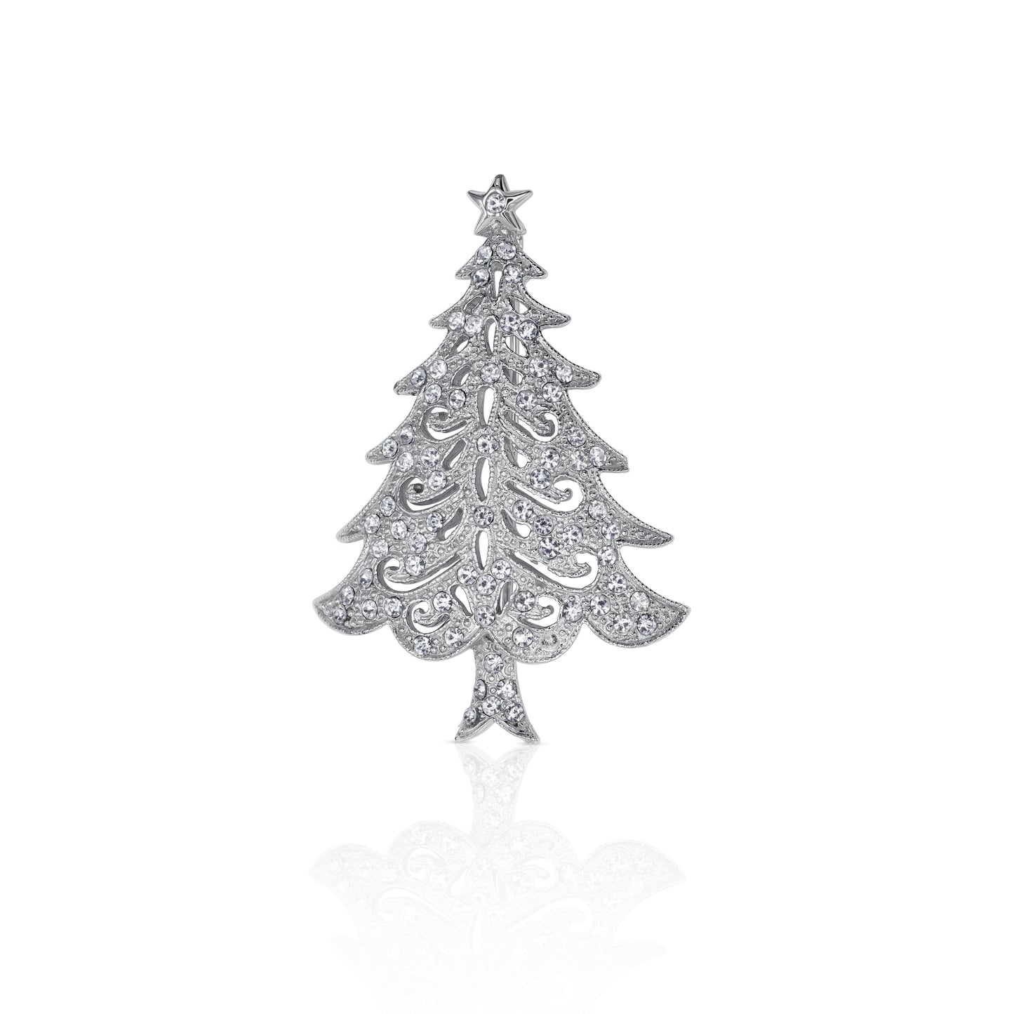 A silver-toned Christmas tree brooch adorned with sparkling crystals, featuring a delicate star at the top, perfect for festive accessorizing.