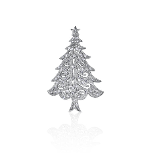 A silver-toned Christmas tree brooch adorned with sparkling crystals, featuring a delicate star at the top, perfect for festive accessorizing.