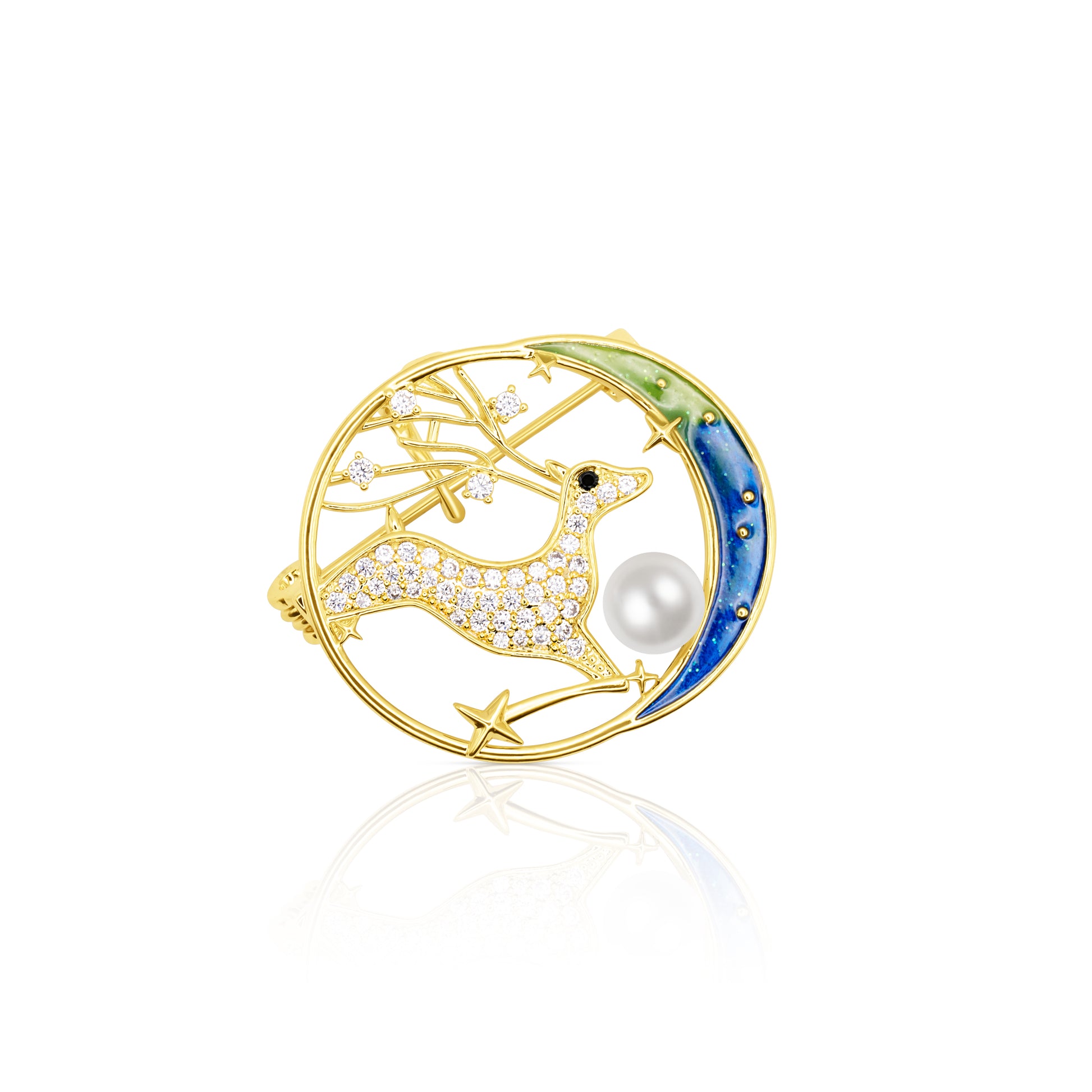 The Starlit Grace Brooch features a golden deer leaping across a circular frame with a hand-painted gradient moon in green and blue. Sparkling crystals form the deer, stars, and sky, while a radiant faux pearl nestles along the lower edge. Reflecting light against a glossy white surface, this enchanting piece evokes celestial elegance and fantasy, ideal for magical evenings or ethereal accessorizing.