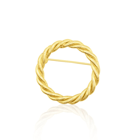 Gold-plated circular brooch with a twisted rope texture, offering a classic and timeless appeal, secured with a sturdy pin back.